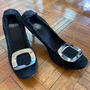 Roger Vivier Black Suede Pumps Silver Buckle Chrome Heel Trompette Euro 39